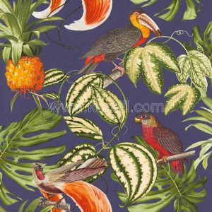 Lazcivert Zemin Renkli Meyveli Ağaçlı Kuş Resimli Popart Duvar Kağıdı
