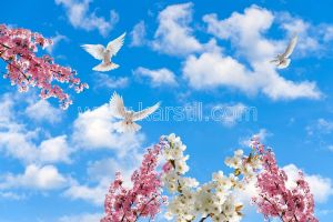 Gökyüzü-Pembe Bahar Çiçekli